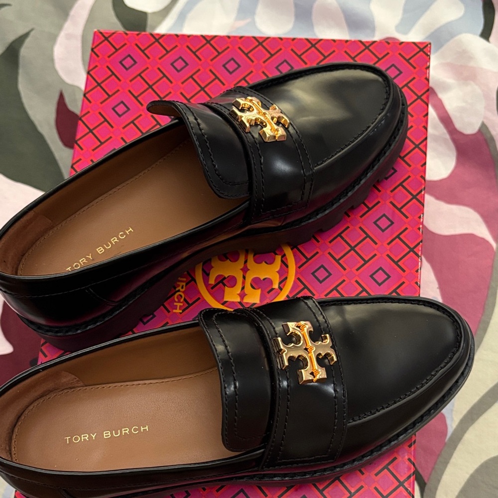 Tory Burch Black Loafers with Gold Emblem
